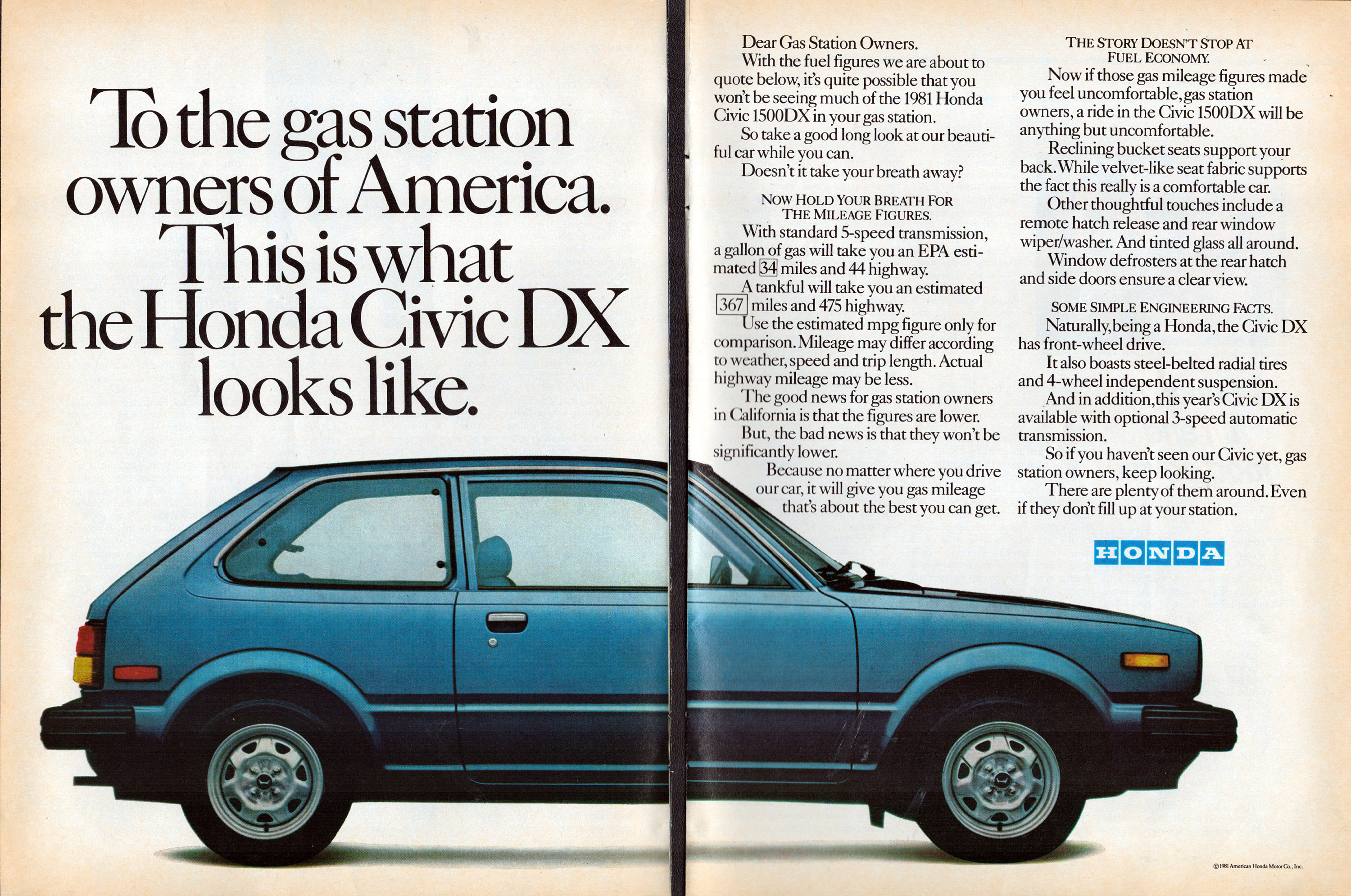 1981 Honda Civic DX 34 MPG Original 2 Page Magazine Ad - Etsy