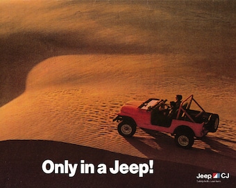 1985 Jeep CJ -Cruising The Desert-Sand Dunes-Top Down-Original Magazine Ad