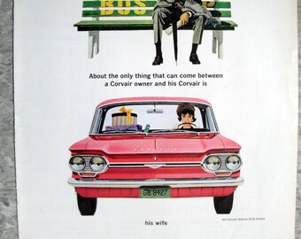 1964 Chevrolet Corvair Monza Club Coupe Bus Stop Original 13.5 * 10.5 Magazine Ad