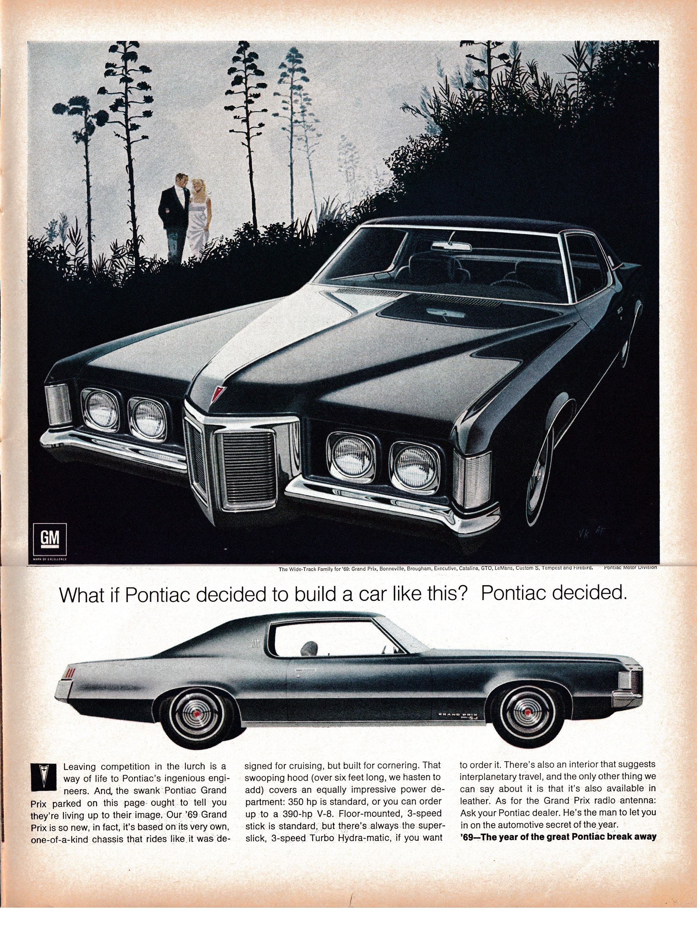 1969 Pontiac Grand Prix 390 HP V-8-Secret Antenna Original 13.5 * 10.5 Magazine Ad