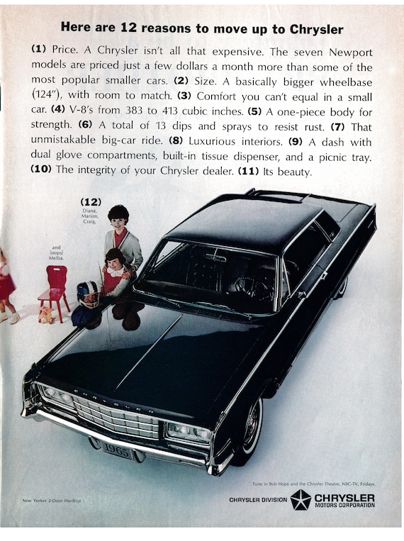 1965 Chrysler New Yorker 2 Door Hardtop Original 13.5 * 10.5