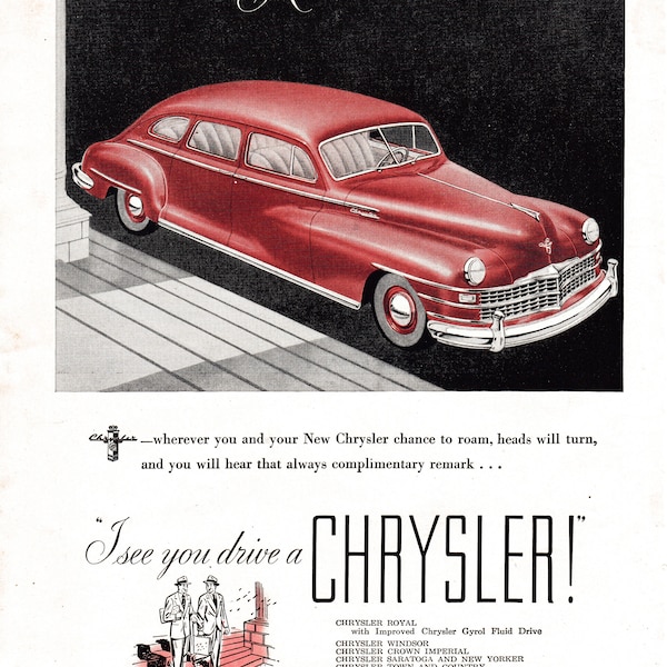 1947 Chrysler 4 Door Red Sedan-Suicide-Rely On It-Original Magazine Ad