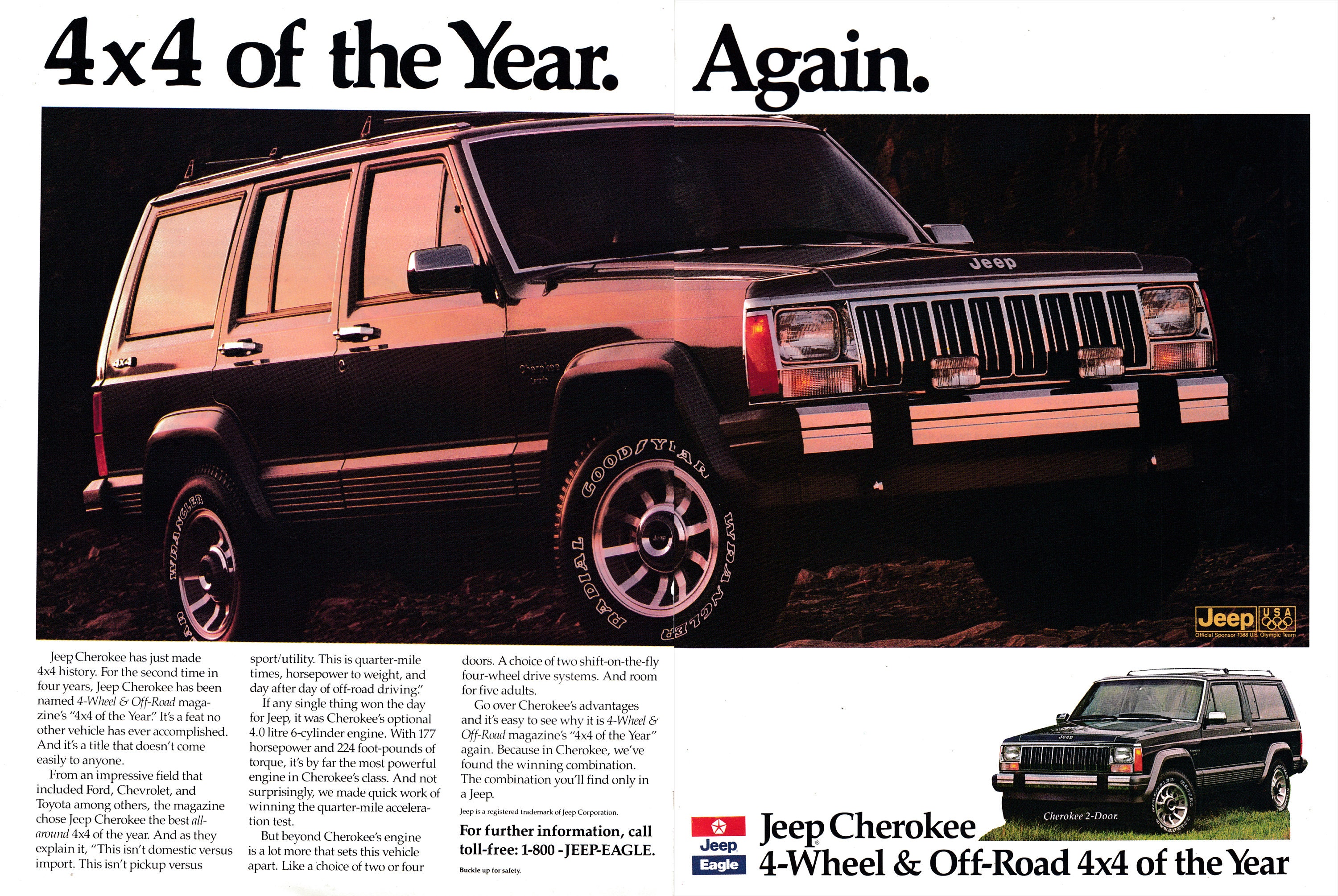 1988 Jeep Cherokee 4 by 4 of the Year Original 2 Page Magazine Ad
