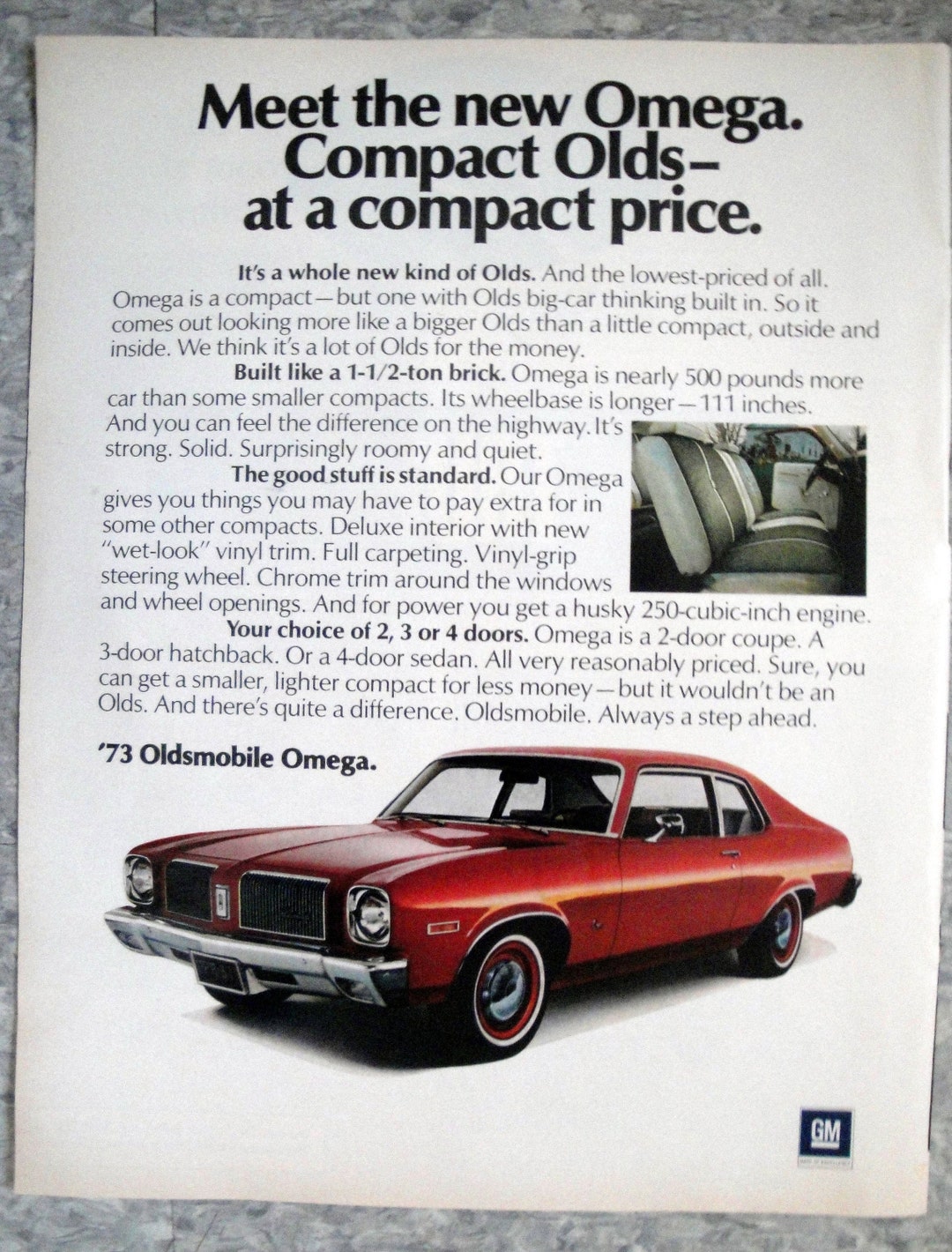 1973 Oldsmobile Omega 250 Ci Engine Red Original 13.5 * 10.5 Magazine