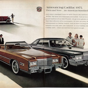 Cadillac De Ville Sedán + Eldorado Convertible 1975 - Anuncio original de revista de 2 páginas