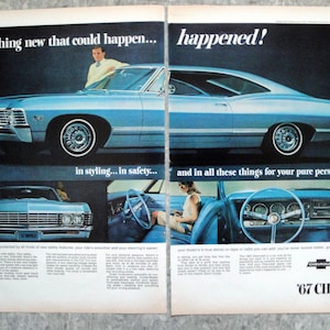 1967 Chevrolet Impala Sport Coupe Blue Original 2 Page 13.5 * 10.5 Magazine Ad