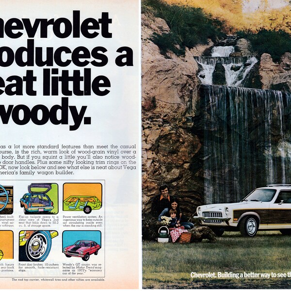 1973 Chevrolet Vega Wagon-Rear has Walt Frazier-Original 2 Page Magazine Ad