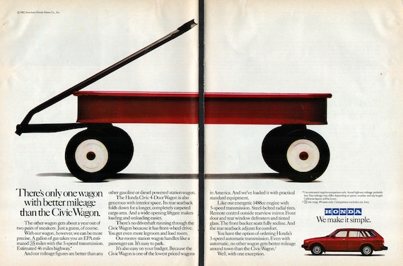 1982 Honda Civic Wagon Station GR8 MPG Original 2 Page Magazine Ad