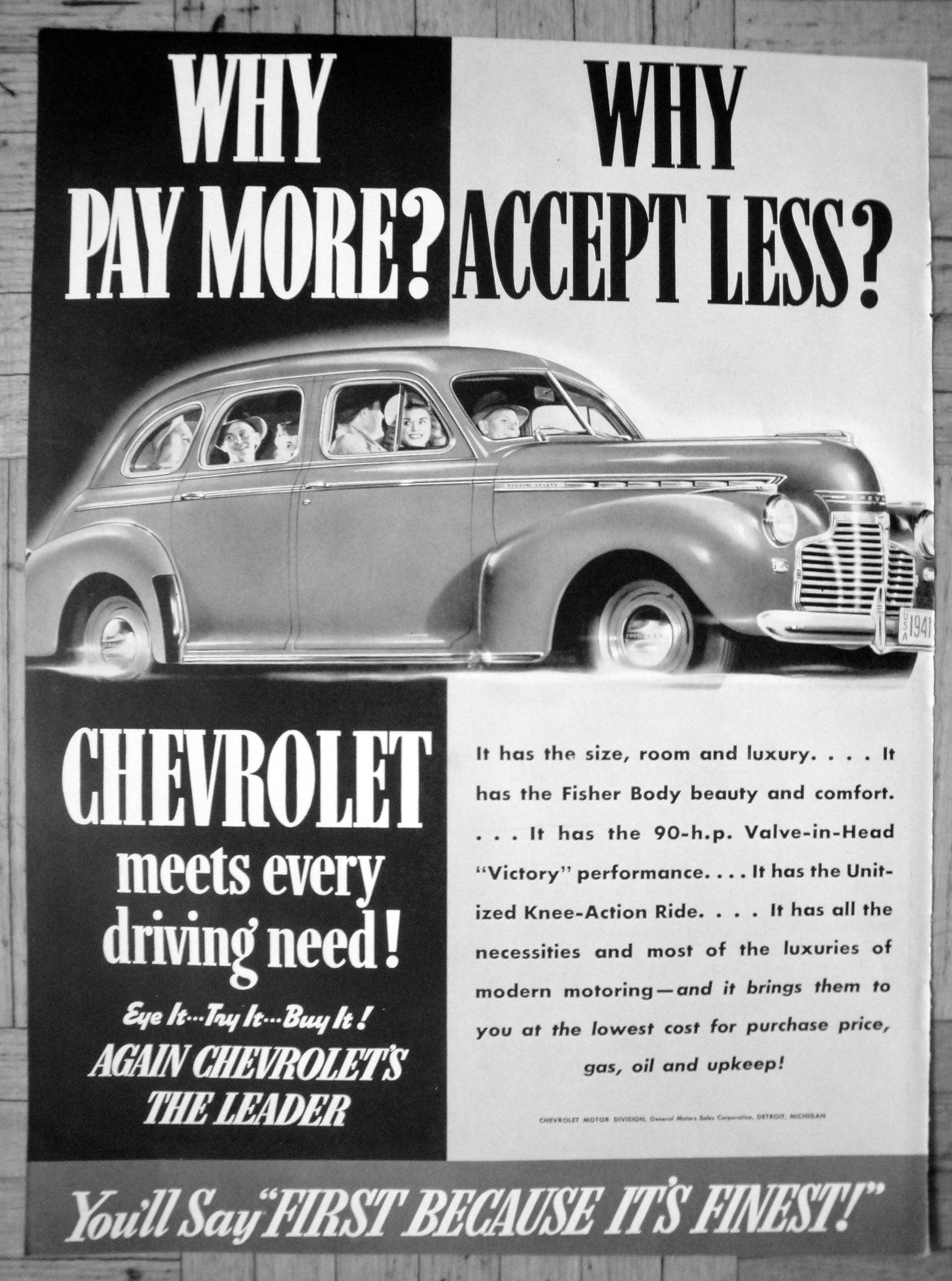 1941 Chevrolet 4 Door Sedan-90 Horse Power-Original 13.5 * 10.5 Magazine Ad