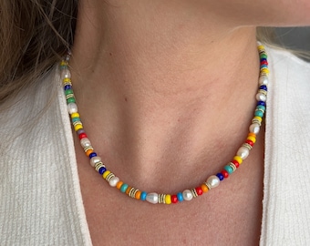 Colorful Beaded Necklace with Pearls – Handmade Rainbow Choker, Glass Beads Jewelry, Summer Statement Necklace, Boho Festival Jewelry