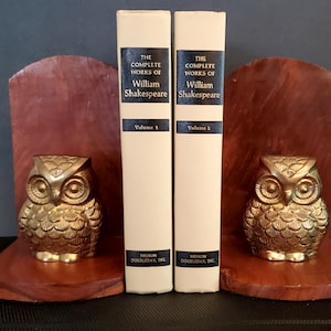 Vintage Wood and Brass Owl Set of Bookends