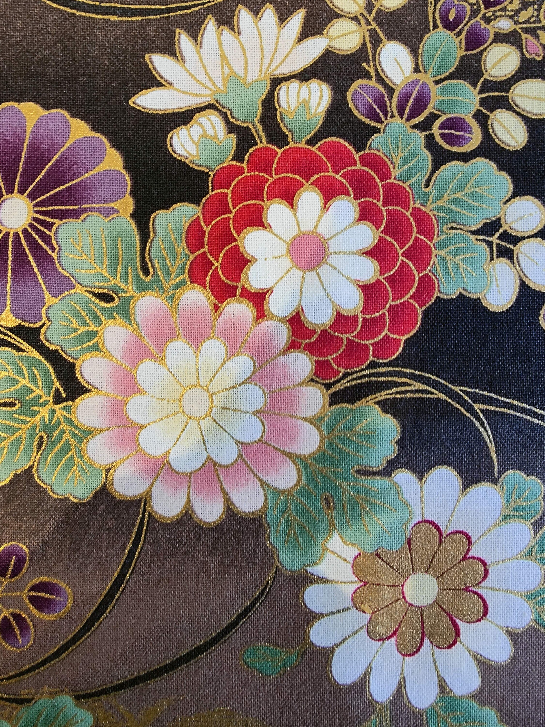 Japanese golden flowers fabric Japanese fabric Japanese Etsy