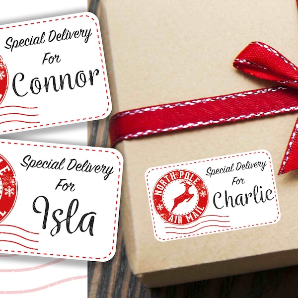 Gepersonaliseerde speciale levering van Santa Christmas Present Stickers Gift Labels