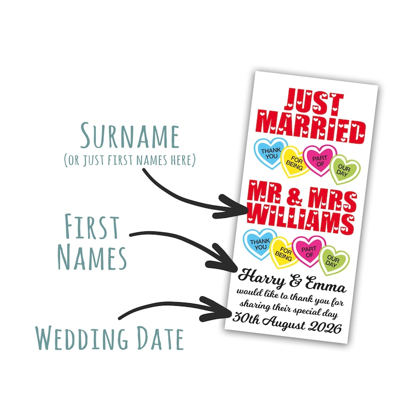May include: A rectangular wedding favor tag featuring the red text JUST MARRIED above colorful heart graphics with the phrases THANK YOU, FOR BEING, PART OF, OUR DAY. Below are the red words MR & MRS WILLIAMS, the names Harry & Emma, and the date 30th August 2026.