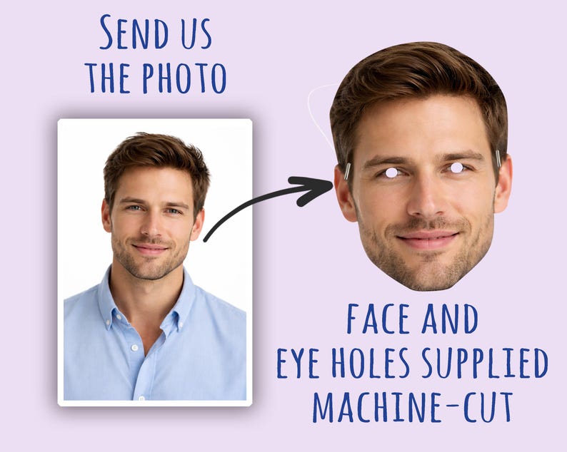 Puede incluir: La imagen muestra la cara de un hombre con agujeros para los ojos y una foto del mismo hombre. El texto en la imagen dice "SEND US THE PHOTO" y "FACE AND EYE HOLES SUPPLIED MACHINE-CUT". El fondo es de color lila claro.