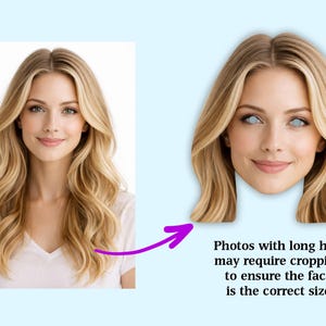 Puede incluir: Imagen compuesta de una mujer con cabello rubio largo y una camiseta blanca. La imagen tambi&eacute;n muestra un recorte de la cara de la mujer con el texto: "Las fotos con cabello largo pueden requerir recorte para asegurar que la cara tenga el tama&ntilde;o correcto."