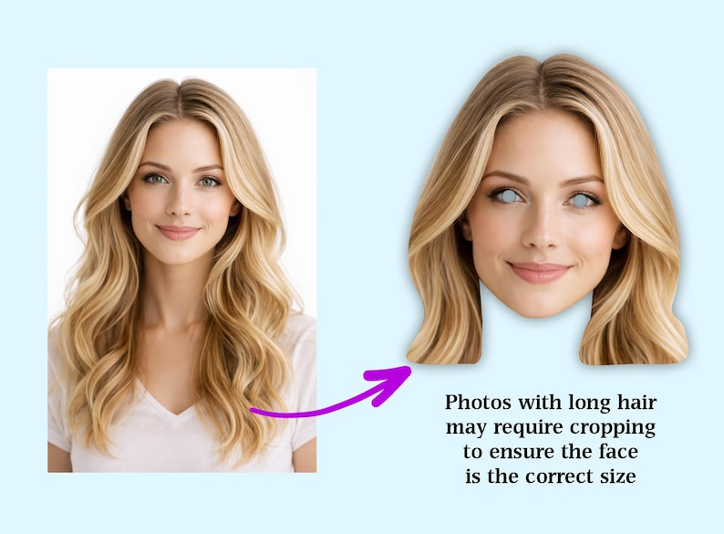Puede incluir: Imagen compuesta de una mujer con cabello rubio largo y una camiseta blanca. La imagen tambi&eacute;n muestra un recorte de la cara de la mujer con el texto: "Las fotos con cabello largo pueden requerir recorte para asegurar que la cara tenga el tama&ntilde;o correcto."