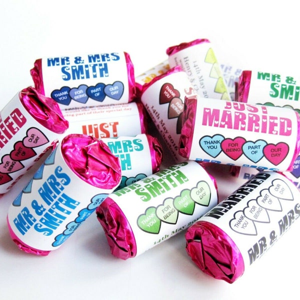 Personalised Love Hearts Sweets wedding favours Just Married - ANY COLOUR!