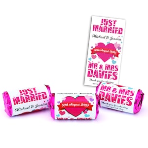 Personalised Love Heart Sweets, Wedding Favours - Just Married - Labels Ready Applied!