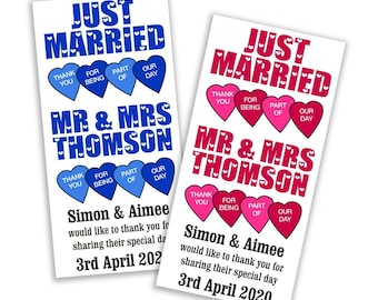 Personalised Love Hearts Sweets wedding favours Just Married - ANY COLOUR!