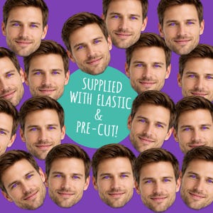 Puede incluir: Un collage de rostros masculinos sonrientes con ojos morados sobre un fondo morado. Un c&iacute;rculo turquesa en el centro contiene el texto "SUPPLIED WITH ELASTIC & PRE-CUT!"