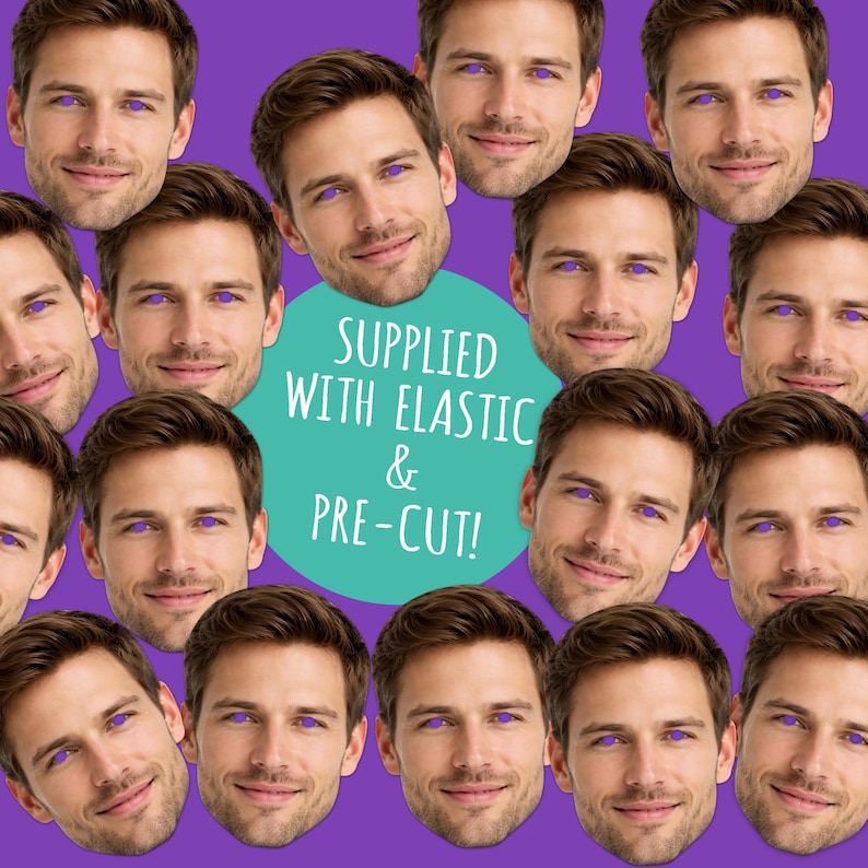 Puede incluir: Un collage de rostros masculinos sonrientes con ojos morados sobre un fondo morado. Un c&iacute;rculo turquesa en el centro contiene el texto "SUPPLIED WITH ELASTIC & PRE-CUT!"