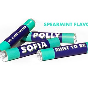 May include: Spearmint flavour mints in teal and navy blue wrappers. The wrappers are personalised with names and dates, including "MR & MRS POLLARD", "SOFIA", "POLLY", and "MINT TO BE". The text "SPEARMINT FLAVOUR" is also visible.