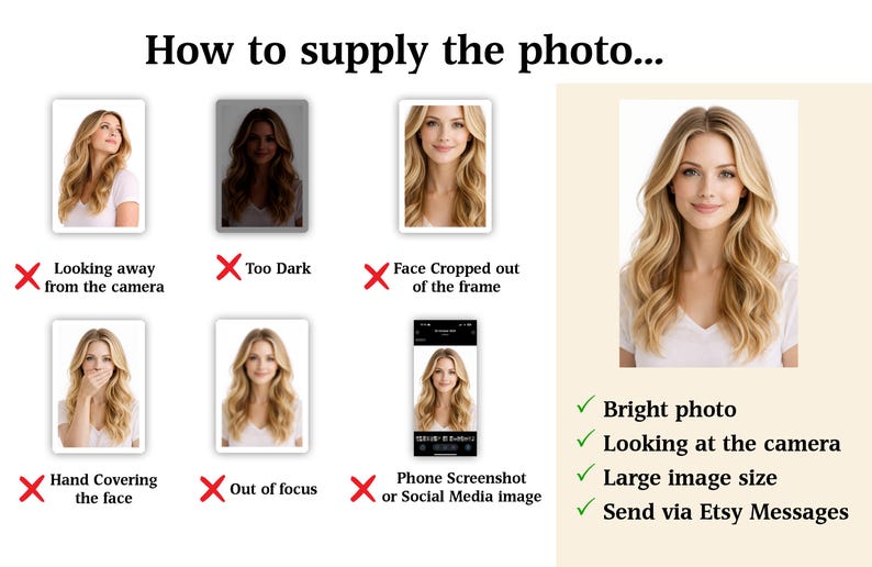 Puede incluir: Imagen con texto: "How to supply the photo..." con ejemplos de fotos inaceptables. Se muestra una foto brillante de una mujer con cabello rubio, junto con el texto "Bright photo".