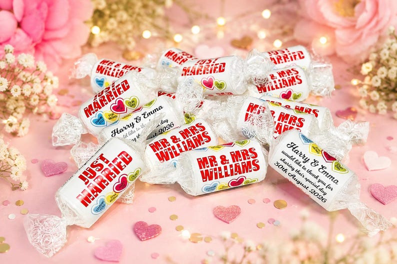 May include: A collection of white candy rolls wrapped in clear plastic, featuring red text that reads "JUST MARRIED" and "MR & MRS WILLIAMS," alongside personalized text "Harry & Emma" with the date "30th August 2026" and small heart graphics.