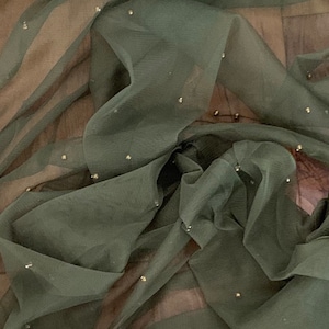 Olive Gold Pearl Beaded Tulle Fabric 45&#39;&#39; PRICE PER METER