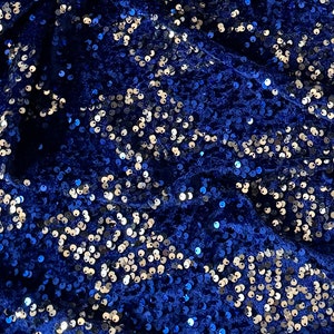 以下が含まれることがあります： 小さな丸い銀色のスパンコールで覆われた濃い青色の生地のクローズアップ。 スパンコールは表面に散らばっており、光を捉えてキラキラとした効果を生み出しています。 生地は柔らかく、ビロードのような質感です。