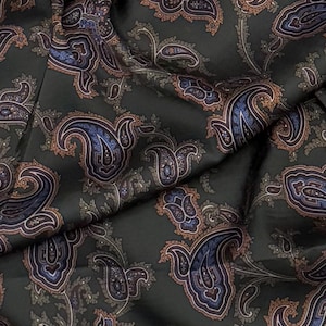 Bottle Green Orange Paisley Print Charmeuse Satin Fabric 45&#39;&#39; PRICE PER METER