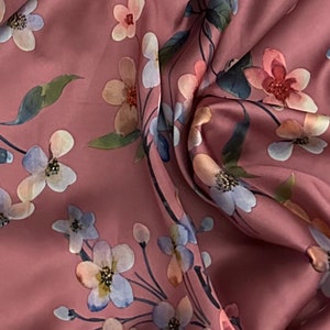 Dusty Pink Multicoloured Floral Print Charmeuse Satin Fabric 58&#39;&#39; PRICE PER METER