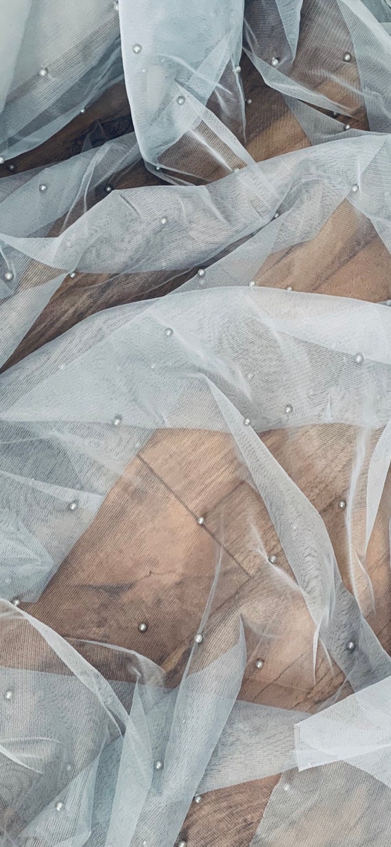 Silver Pearl Beaded Tulle Fabric 45'' PRICE PER METER