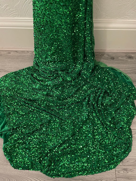 Emerald Green Velvet Velour Bling Sequin Fabric 58 PRICE PER METER