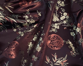 Dark Brown Medallion Blossom Flower Chinese Brocade Fabric 45'' PRICE PER METER