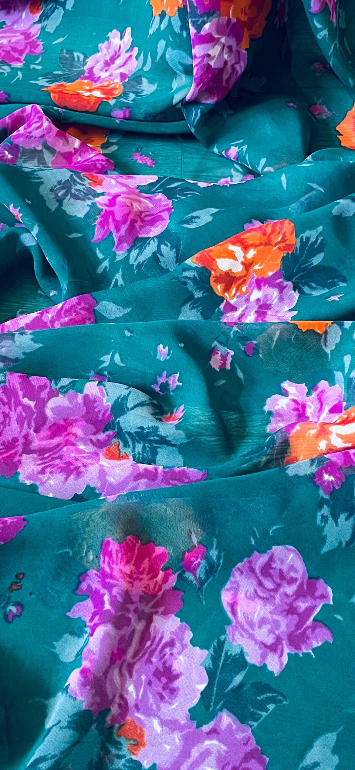 Teal Green Multicoloured Floral Print Chiffon Fabric 58'' PRICE PER METER