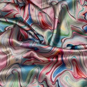 Green Multicoloured Waves Print Charmeuse Satin Fabric 45&#39;&#39; PRICE PER METER