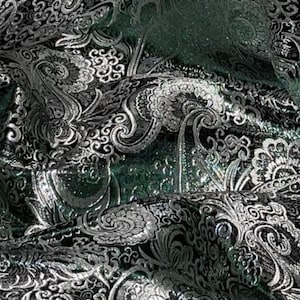 Bottle Green Silver Paisley Metallic Brocade Fabric 58&#39;&#39; PRICE PER METER