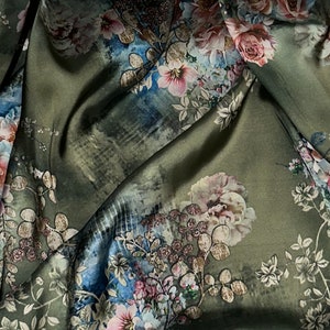 Sage Green Multicoloured Floral Print Charmeuse Satin Fabric 58&#39;&#39; PRICE PER METER