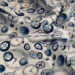 Grey Cogwheel Clocks 100% Cotton Fabric 45&#39;&#39; PRICE PER METER