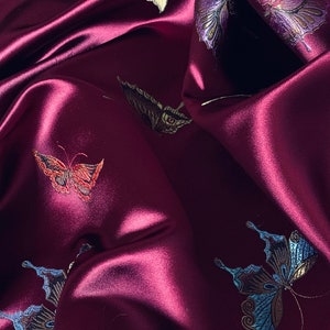 Maroon Multicoloured Butterfly Chinese Brocade Fabric 45'' PRICE PER METER