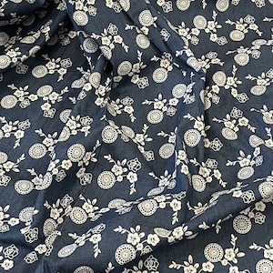 Navy White Medallion Floral Chambray Fabric 58&#39;&#39; PRICE PER METER