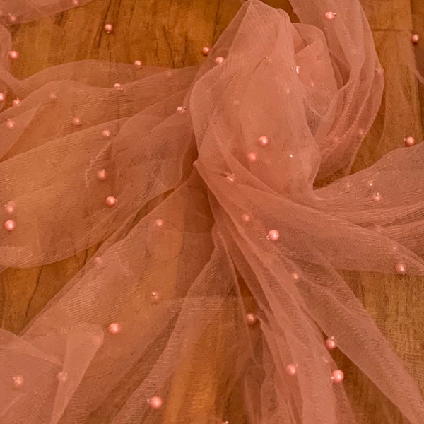 Dusty Pink Pearl Beaded Tulle Fabric 58'' PRICE PER METER