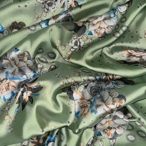 Lime Green Multicoloured Floral Print Charmeuse Satin Fabric 58&#39;&#39; PRICE PER METER