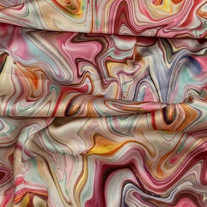 Pink Multicoloured Waves Print Charmeuse Satin Fabric 45&#39;&#39; PRICE PER METER