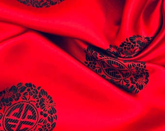 Red Black Medallion Chinese Brocade Fabric 45'' PRICE PER METER
