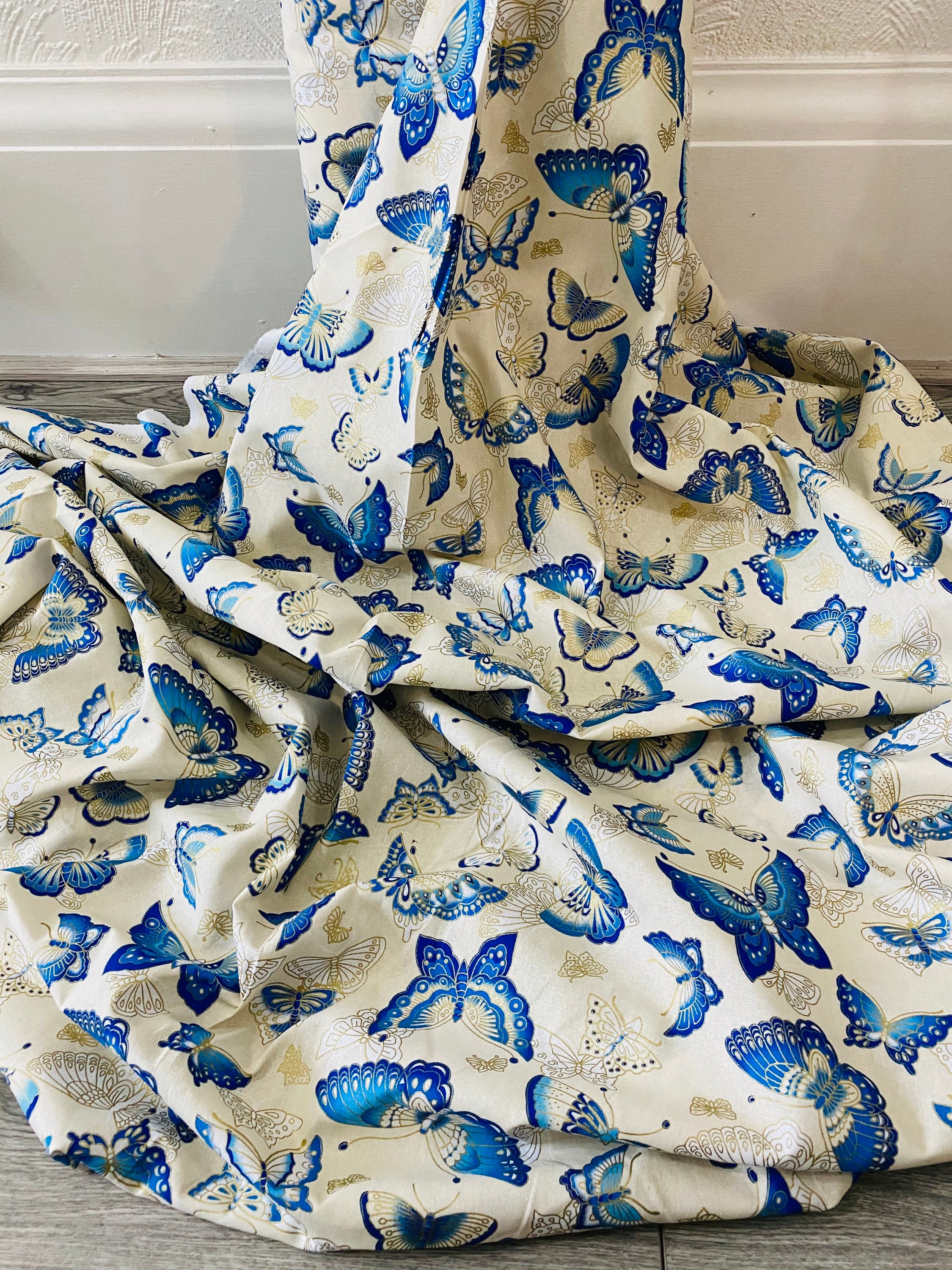 Tissu Japonais Coton Imprimé Papillons & Fleurs – 100% Coton, 160 Cm De Large, Vendu Au Mètre
