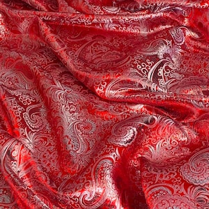 Red Silver Paisley Metallic Brocade Fabric 58&#39;&#39; PRICE PER METER