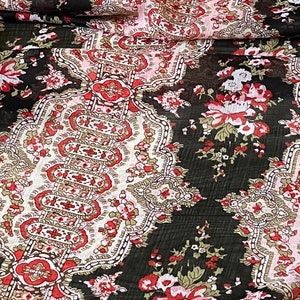 Zwart roze rode bloemen vorstelijke print Chiffon stof 58'' prijs per meter